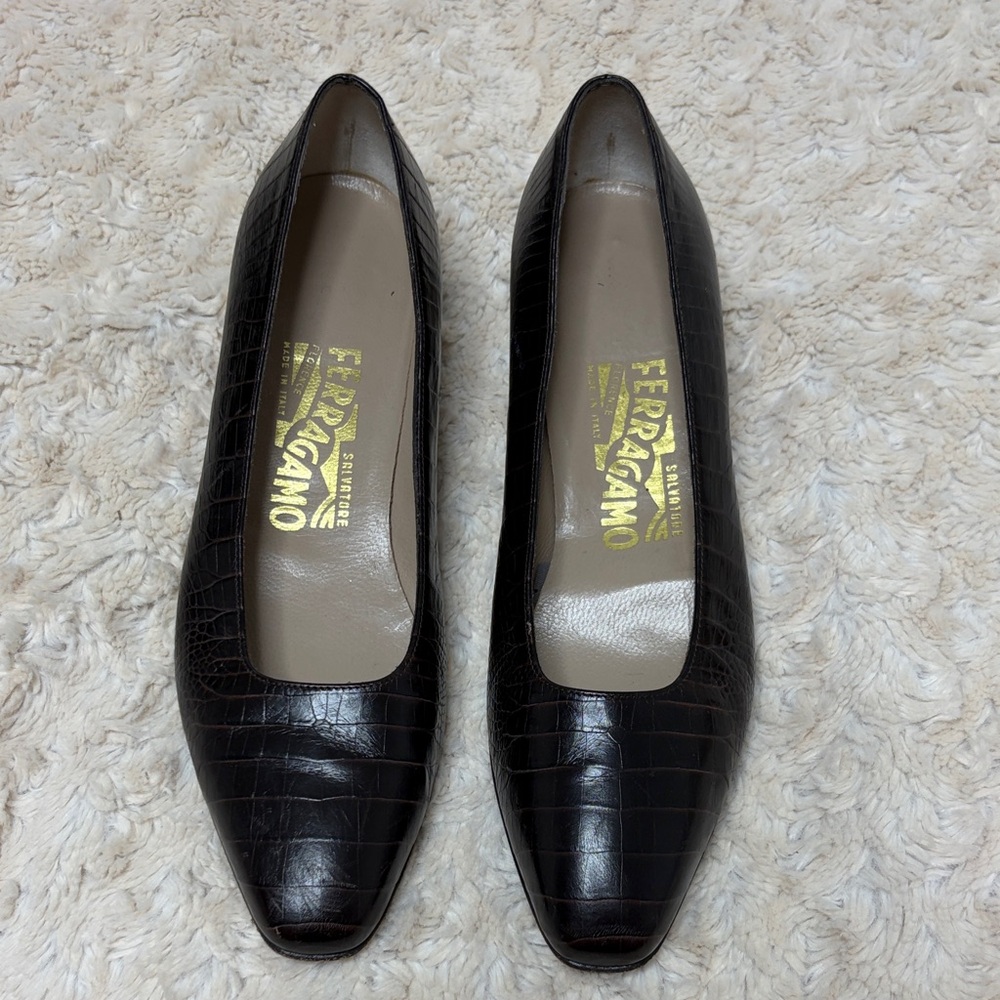 Salvatore Ferragamo Dark Brown Croc-Embossed Heels